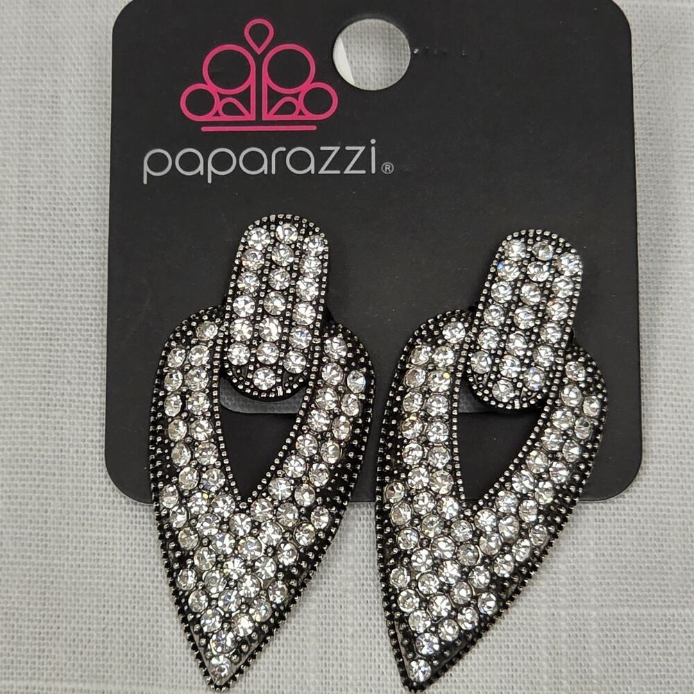 Paparazzi Black Tone Clear Rhinestone Clip-On Statement Earrings Geometric Glam